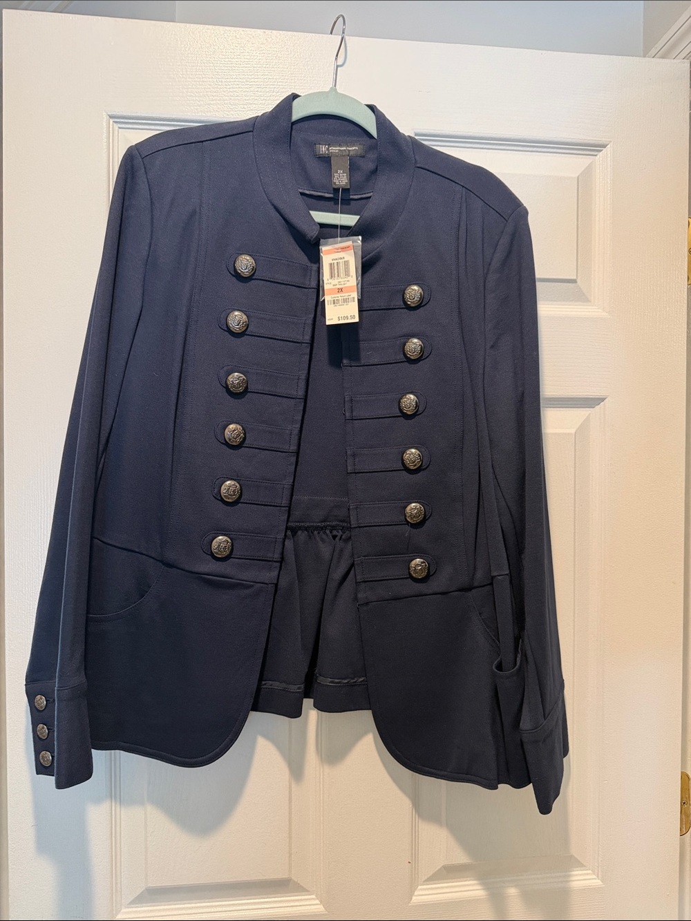 INC Navy Military-Style Double-Breasted Blazer with Brass-Tone Buttons